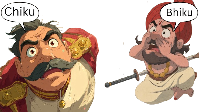 "Ghibli style close-up of shocked guard Cheeku - Hey Bhagwan Episode 2" aur "Ghibli style close-up of panicked guard Bhiku - Hey Bhagwan Episode 2".